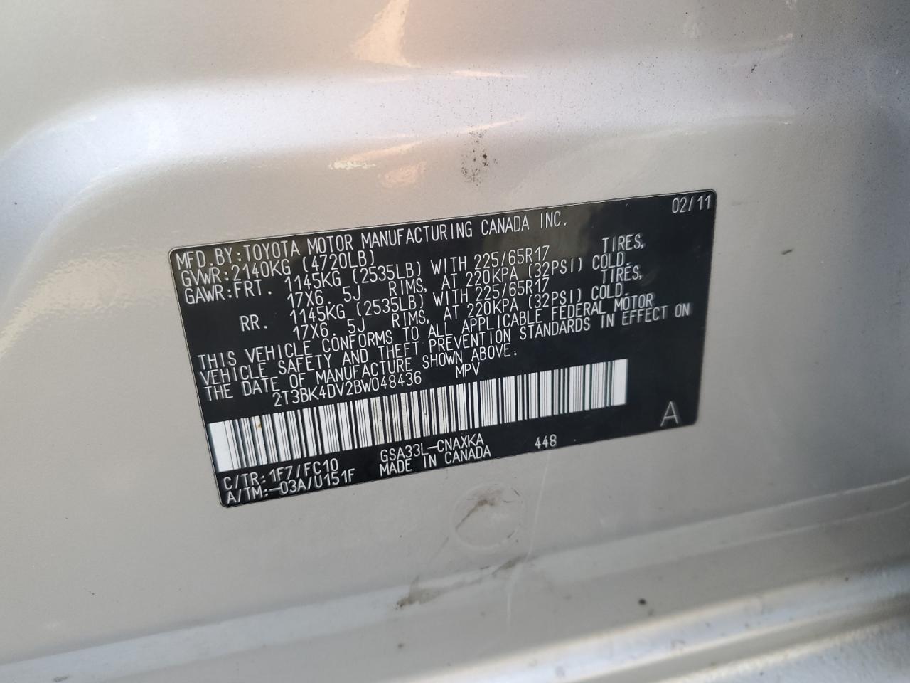 2011 Toyota Rav4 VIN: 2T3BK4DV2BW048436 Lot: 80746685