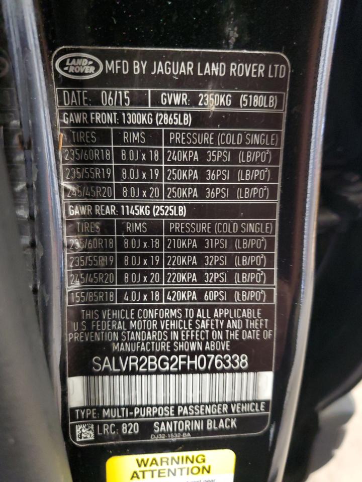 2015 Land Rover Range Rover Evoque Pure Premium VIN: SALVR2BG2FH076338 Lot: 71553835