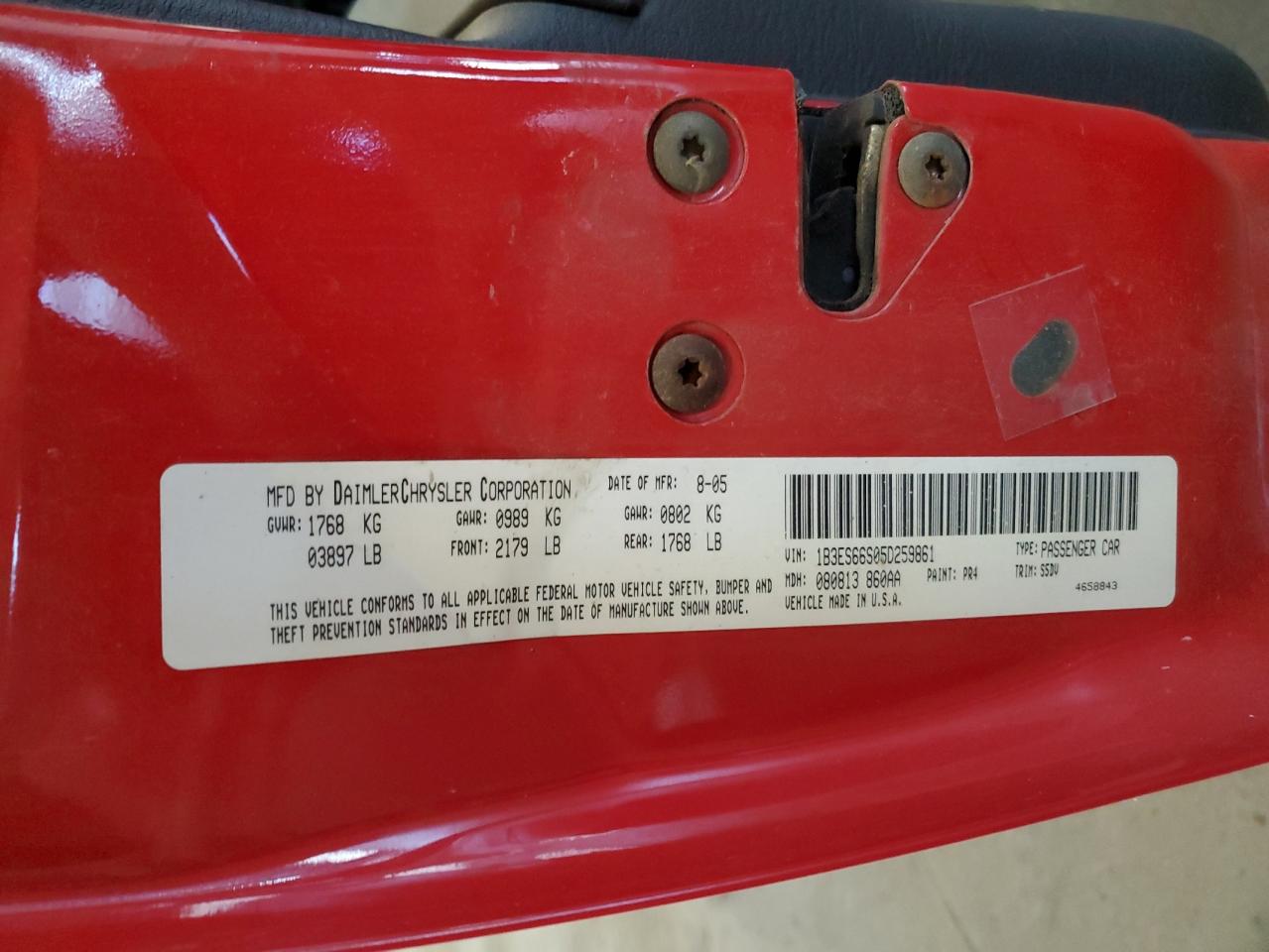 2005 Dodge Neon Srt-4 VIN: 1B3ES66S05D259861 Lot: 81290105