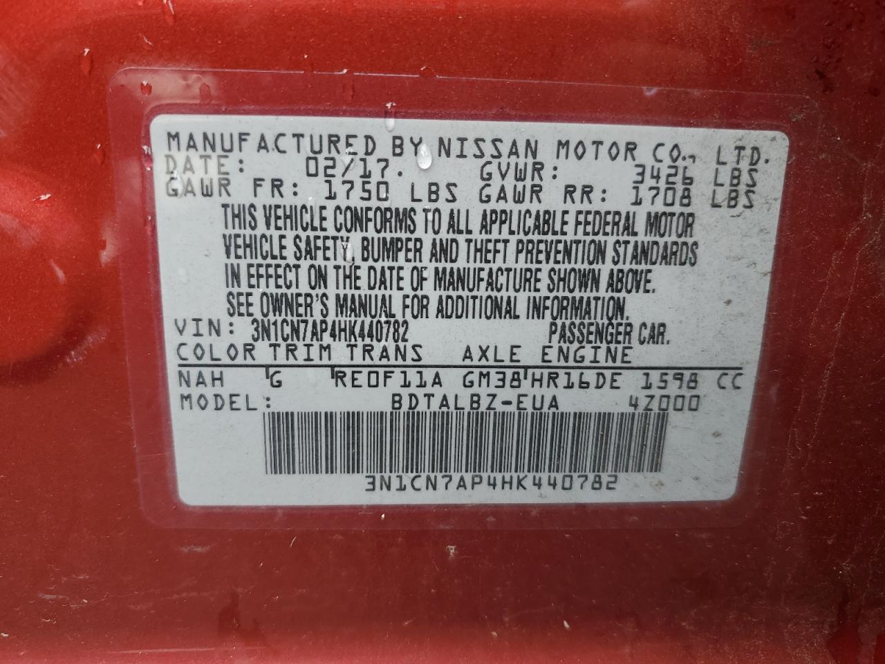 2017 Nissan Versa S VIN: 3N1CN7AP4HK440782 Lot: 83769525