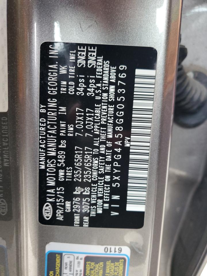 2016 Kia Sorento Lx VIN: 5XYPG4A58GG053769 Lot: 80701675