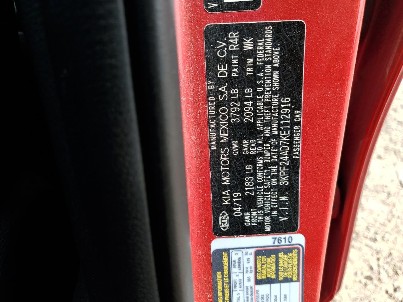 2019 Kia Forte Fe VIN: 3KPF24AD7KE112916 Lot: 71978655