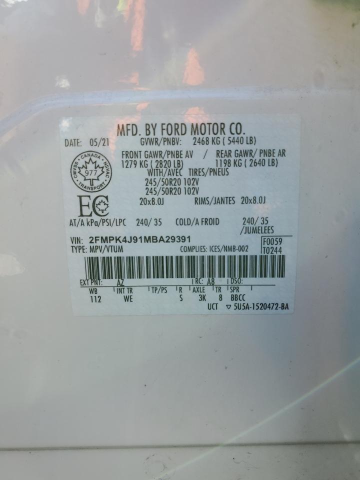 2021 Ford Edge Sel VIN: 2FMPK4J91MBA29391 Lot: 80193635