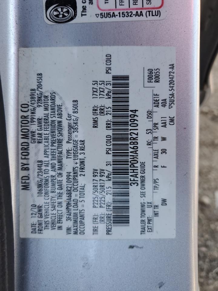 2011 Ford Fusion Se VIN: 3FAHP0HA6BR210994 Lot: 84192095