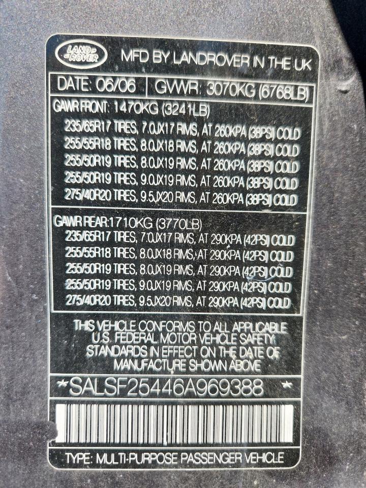 2006 Land Rover Range Rover Sport Hse VIN: SALSF25446A969388 Lot: 71876555