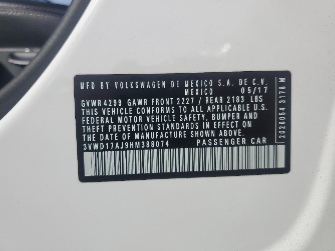 2017 Volkswagen Jetta Sport VIN: 3VWD17AJ9HM388074 Lot: 84552605