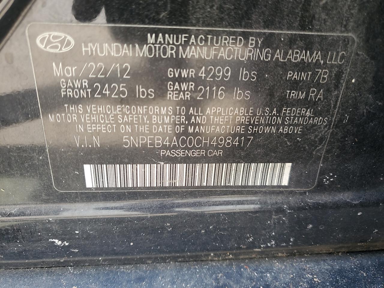 2012 Hyundai Sonata Gls VIN: 5NPEB4AC0CH498417 Lot: 81451765