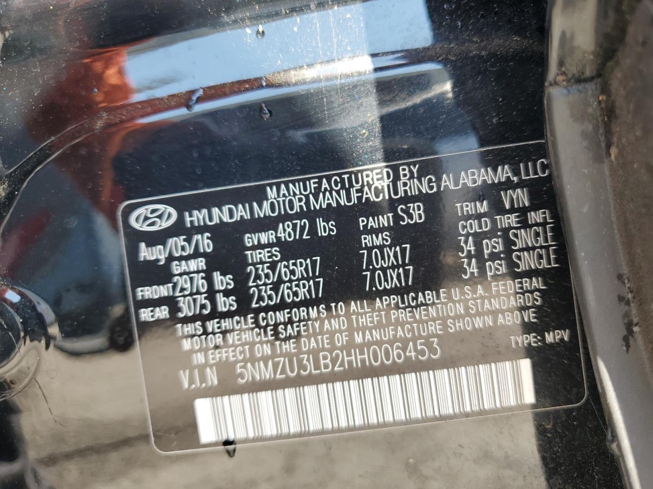 2017 Hyundai Santa Fe Sport VIN: 5NMZU3LB2HH006453 Lot: 80995905