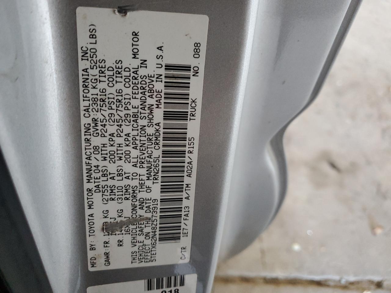 2008 Toyota Tacoma Prerunner Access Cab VIN: 5TETX62N48Z573919 Lot: 81720575