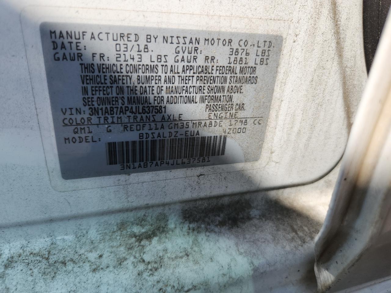2018 Nissan Sentra S VIN: 3N1AB7AP4JL637581 Lot: 81295575