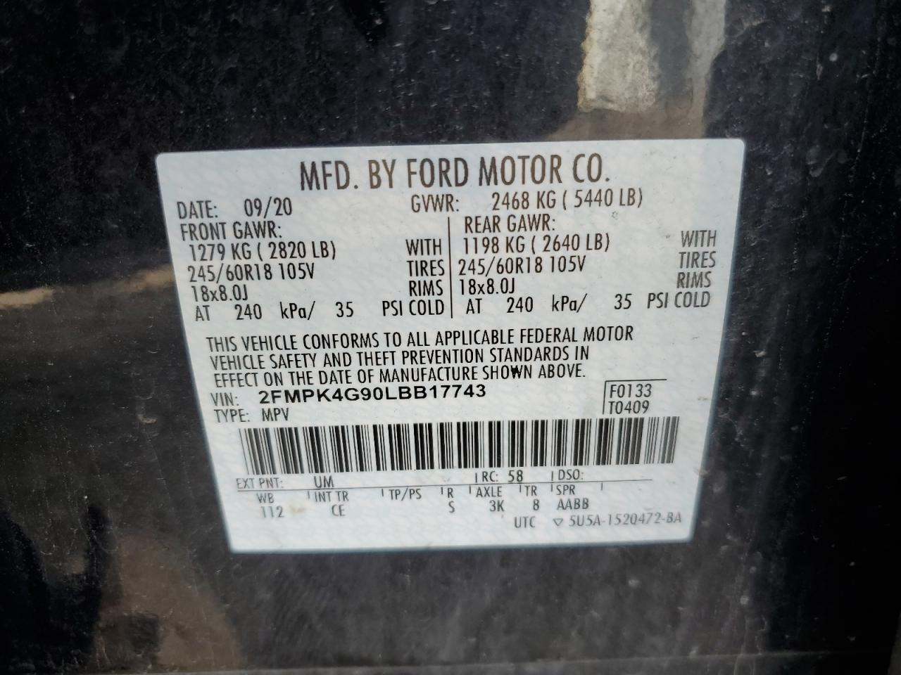 2020 Ford Edge Se VIN: 2FMPK4G90LBB17743 Lot: 95250555