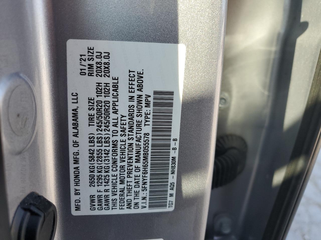 2021 Honda Pilot Touring VIN: 5FNYF6H65MB055578 Lot: 81139465