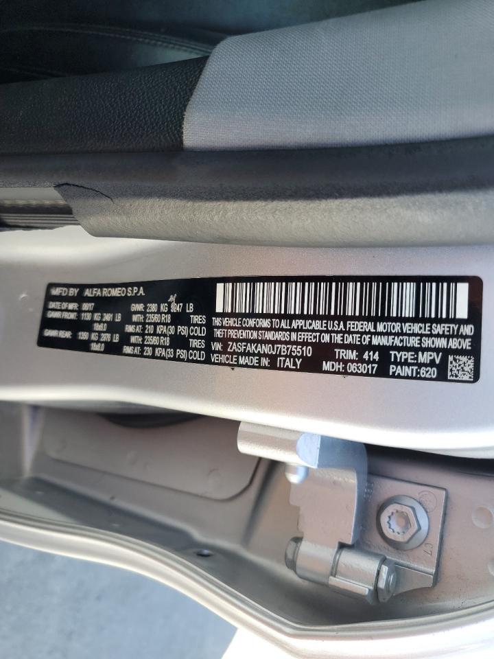 2018 Alfa Romeo Stelvio VIN: ZASFAKAN0J7B75510 Lot: 71930585