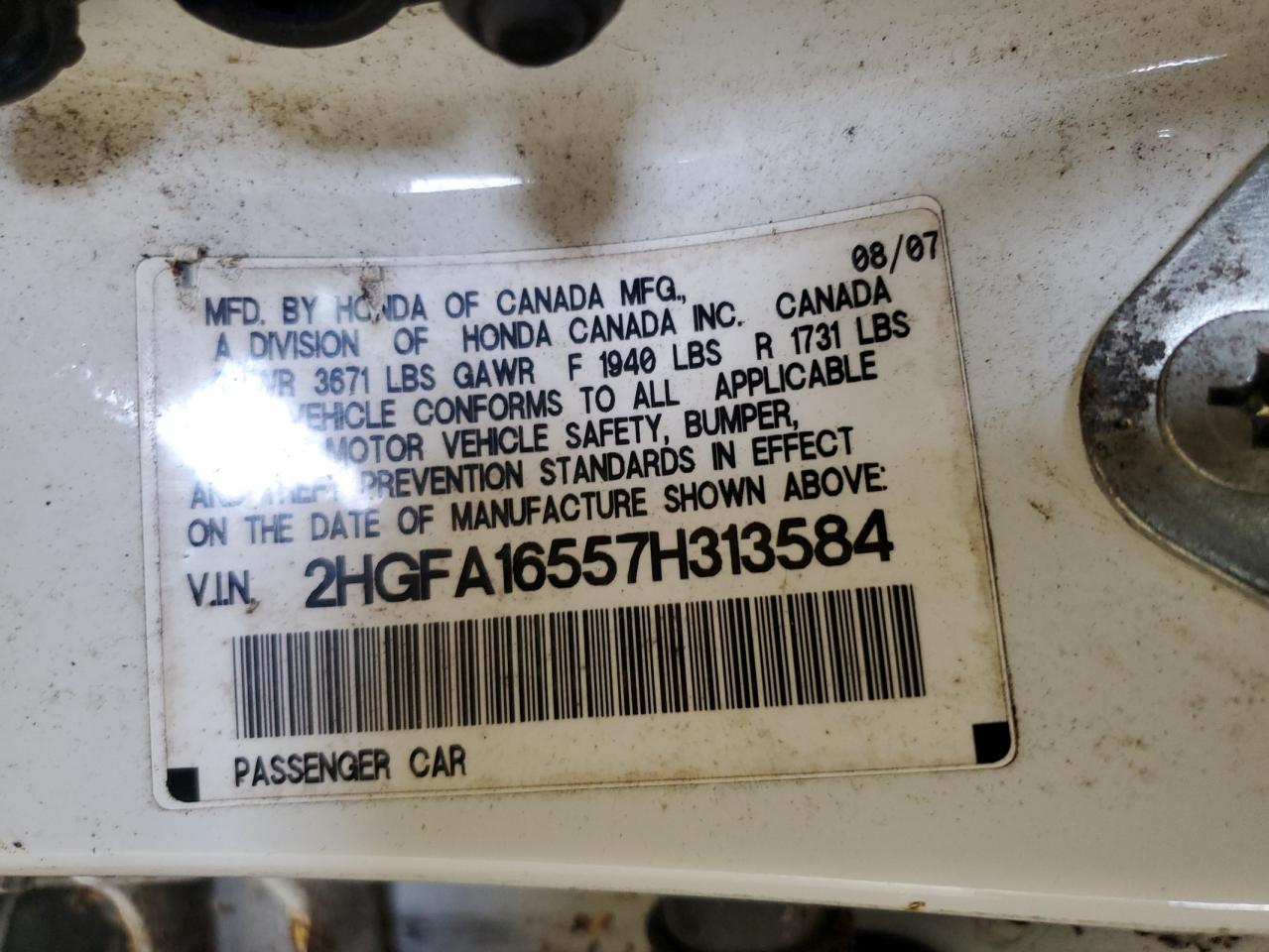 2007 Honda Civic Lx VIN: 2HGFA16557H313584 Lot: 81636825