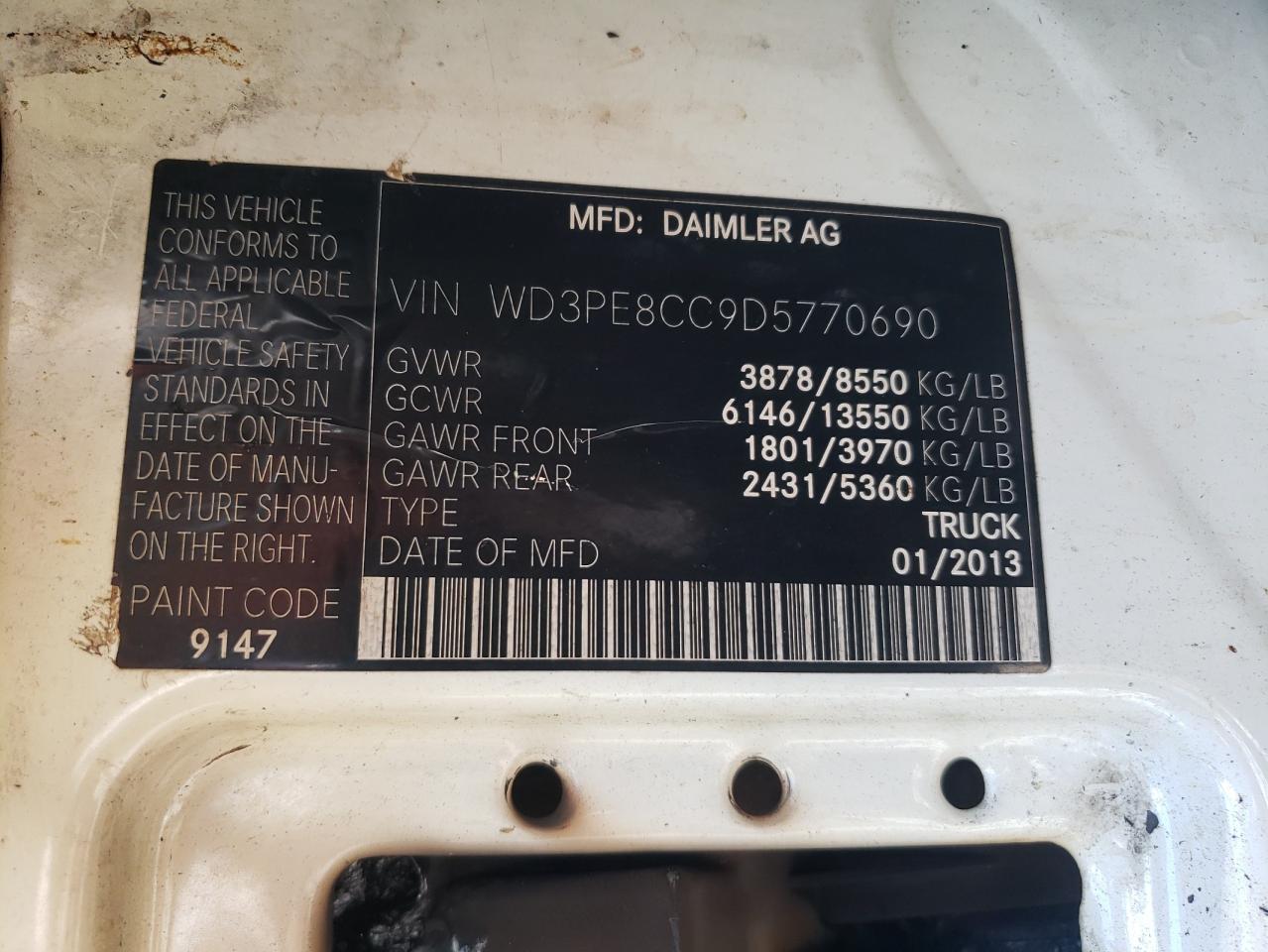 2013 Mercedes-Benz Sprinter 2500 VIN: WD3PE8CC9D5770690 Lot: 80529935