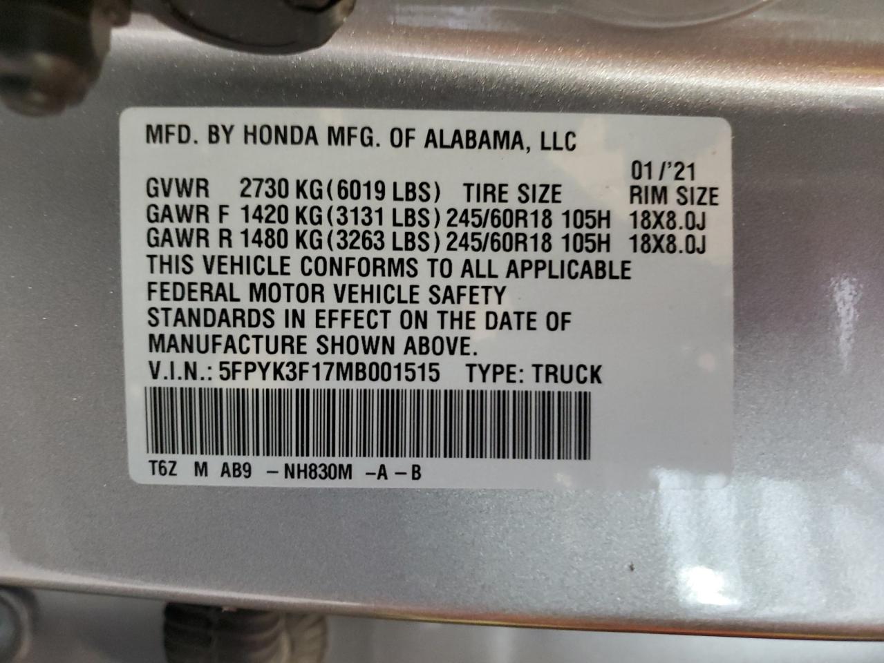 2021 Honda Ridgeline Sport VIN: 5FPYK3F17MB001515 Lot: 81853965