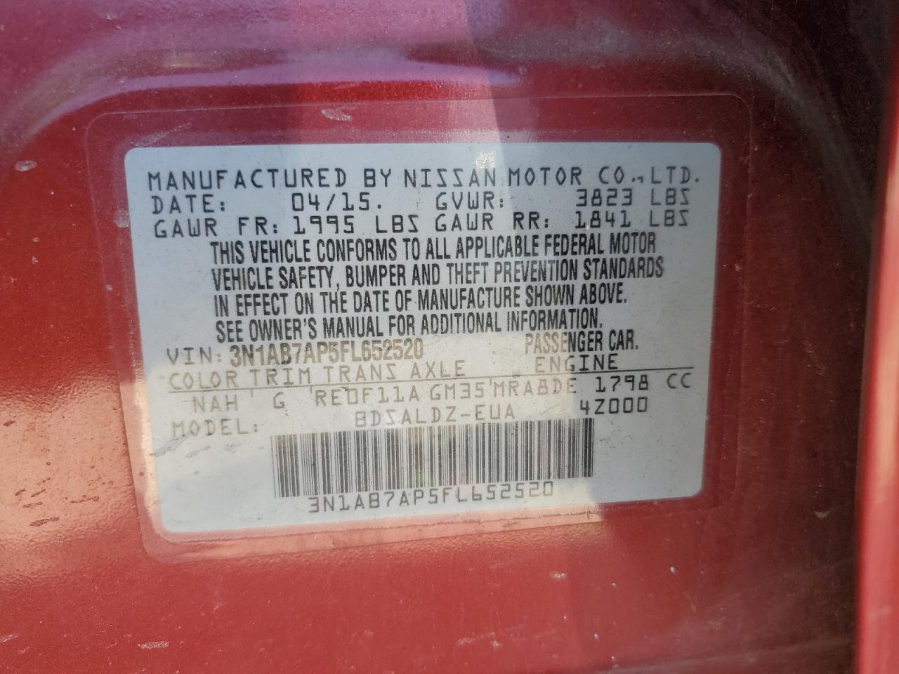 2015 Nissan Sentra S VIN: 3N1AB7AP5FL652520 Lot: 80492725
