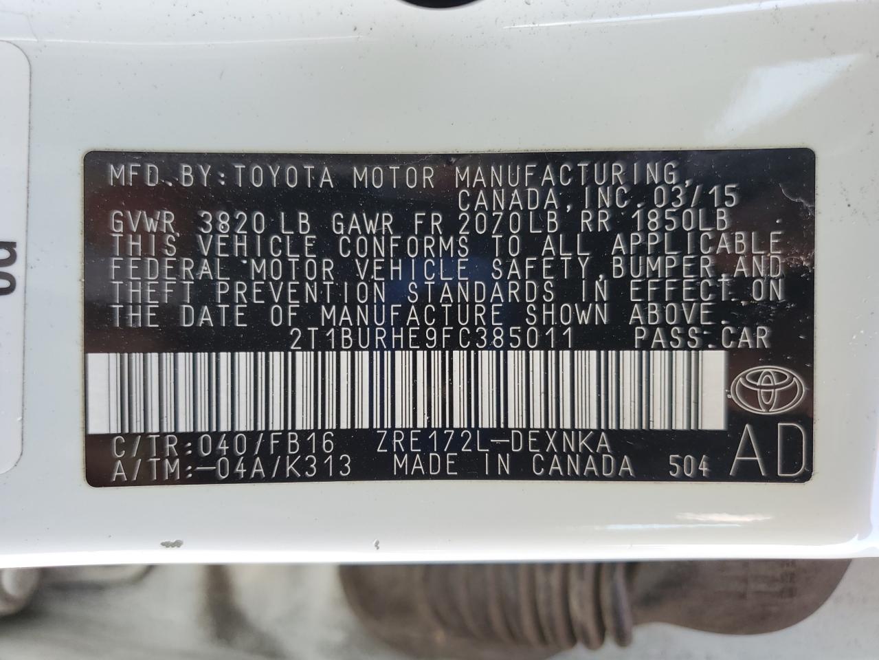 2015 Toyota Corolla L VIN: 2T1BURHE9FC385011 Lot: 71901685