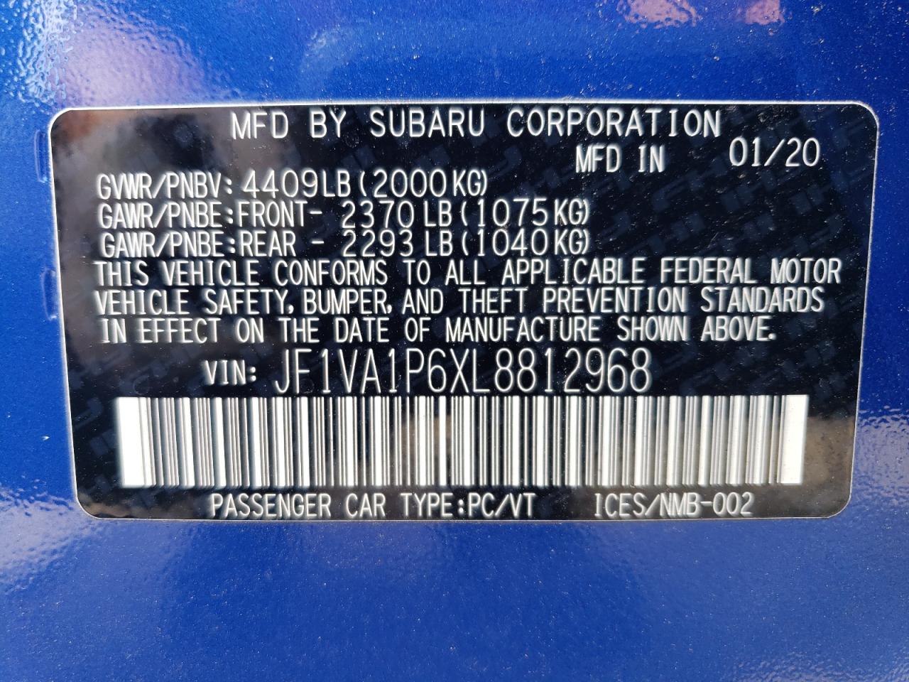 2020 Subaru Wrx Limited VIN: JF1VA1P6XL8812968 Lot: 82083225