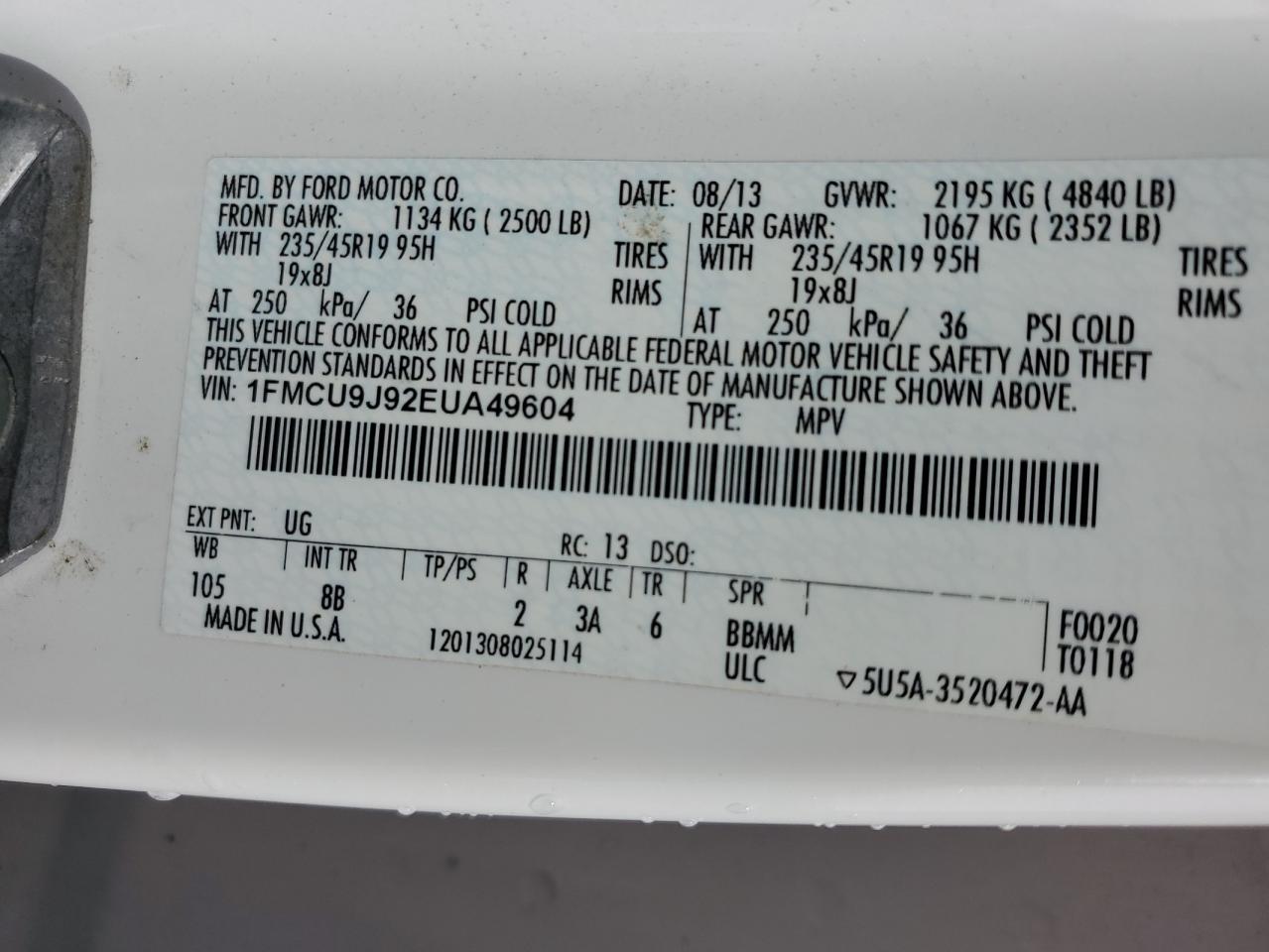 2014 Ford Escape Titanium VIN: 1FMCU9J92EUA49604 Lot: 81692015