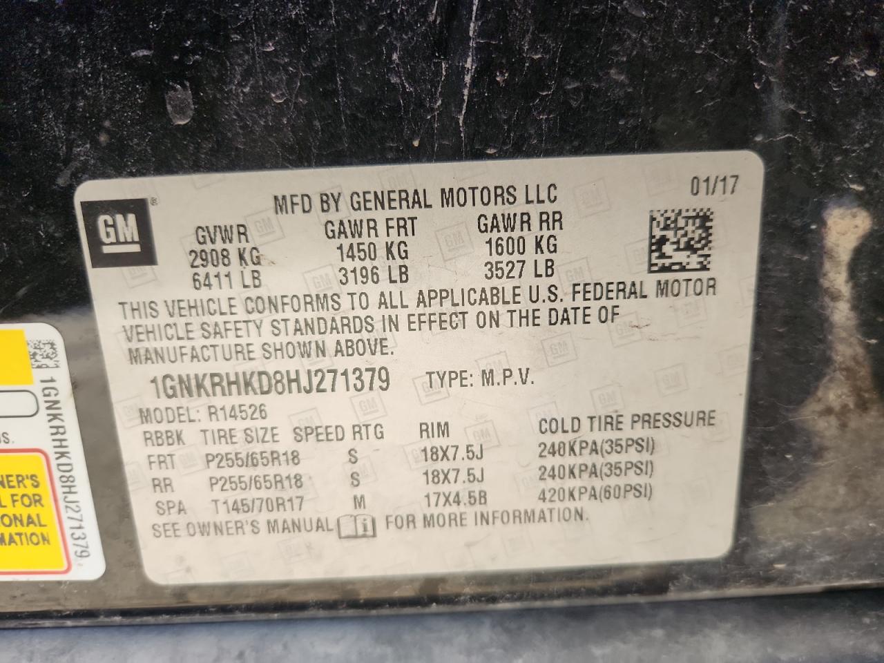 2017 Chevrolet Traverse Lt VIN: 1GNKRHKD8HJ271379 Lot: 84229825