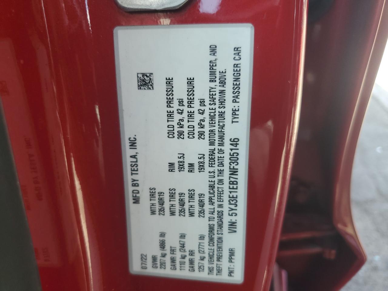 2022 Tesla Model 3 VIN: 5YJ3E1EB7NF305146 Lot: 83766955