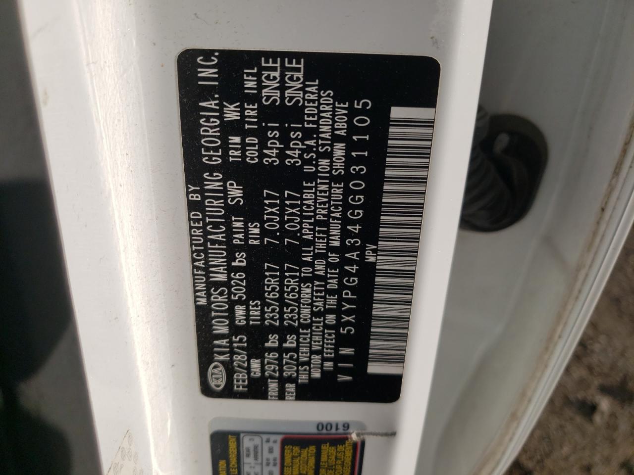 2016 Kia Sorento Lx VIN: 5XYPG4A34GG031105 Lot: 80090885