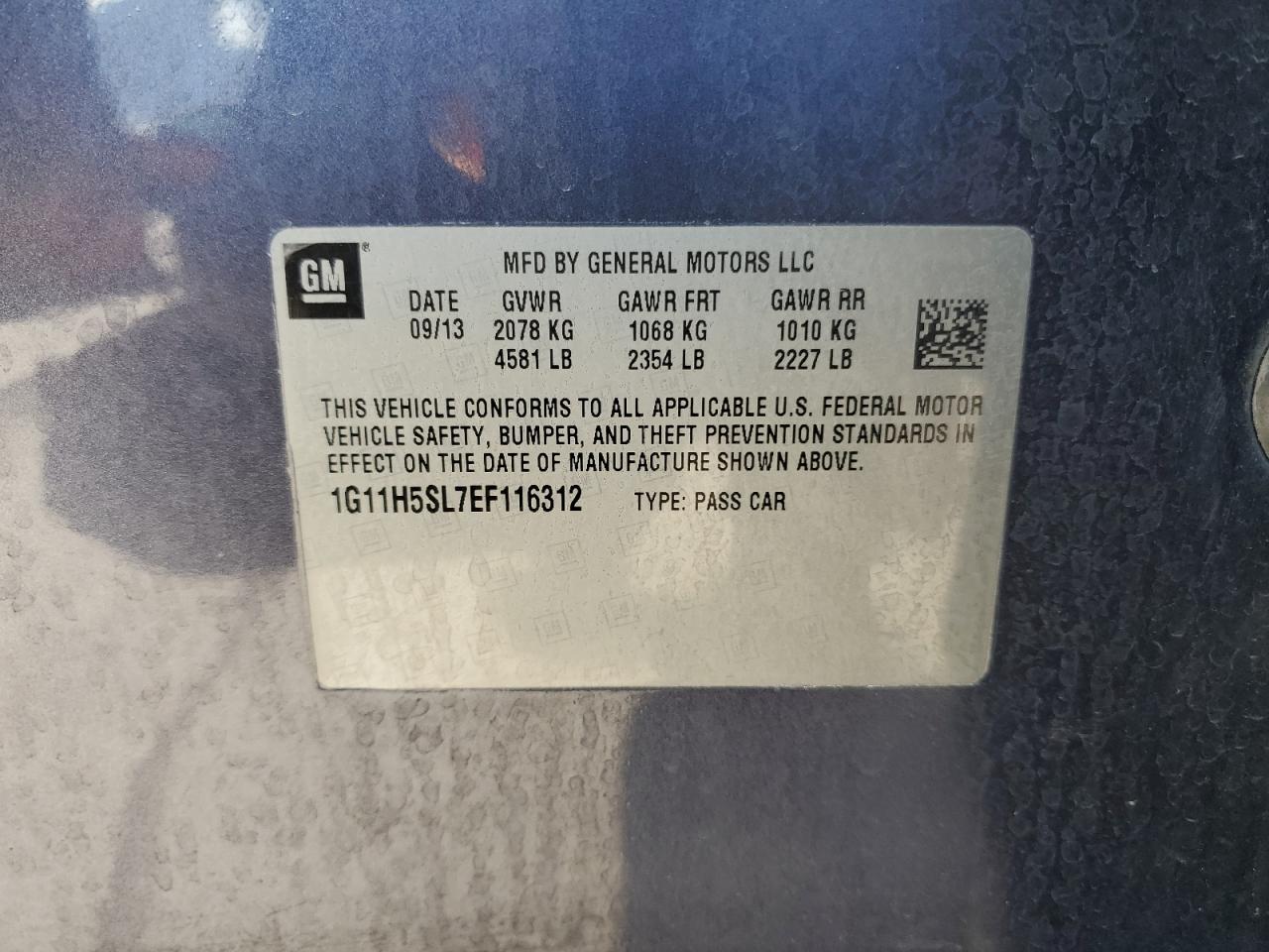 2014 Chevrolet Malibu Ltz VIN: 1G11H5SL7EF116312 Lot: 72077355