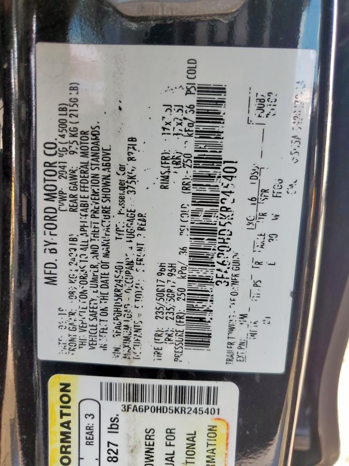 2019 Ford Fusion Se VIN: 3FA6P0HD5KR245401 Lot: 71482395