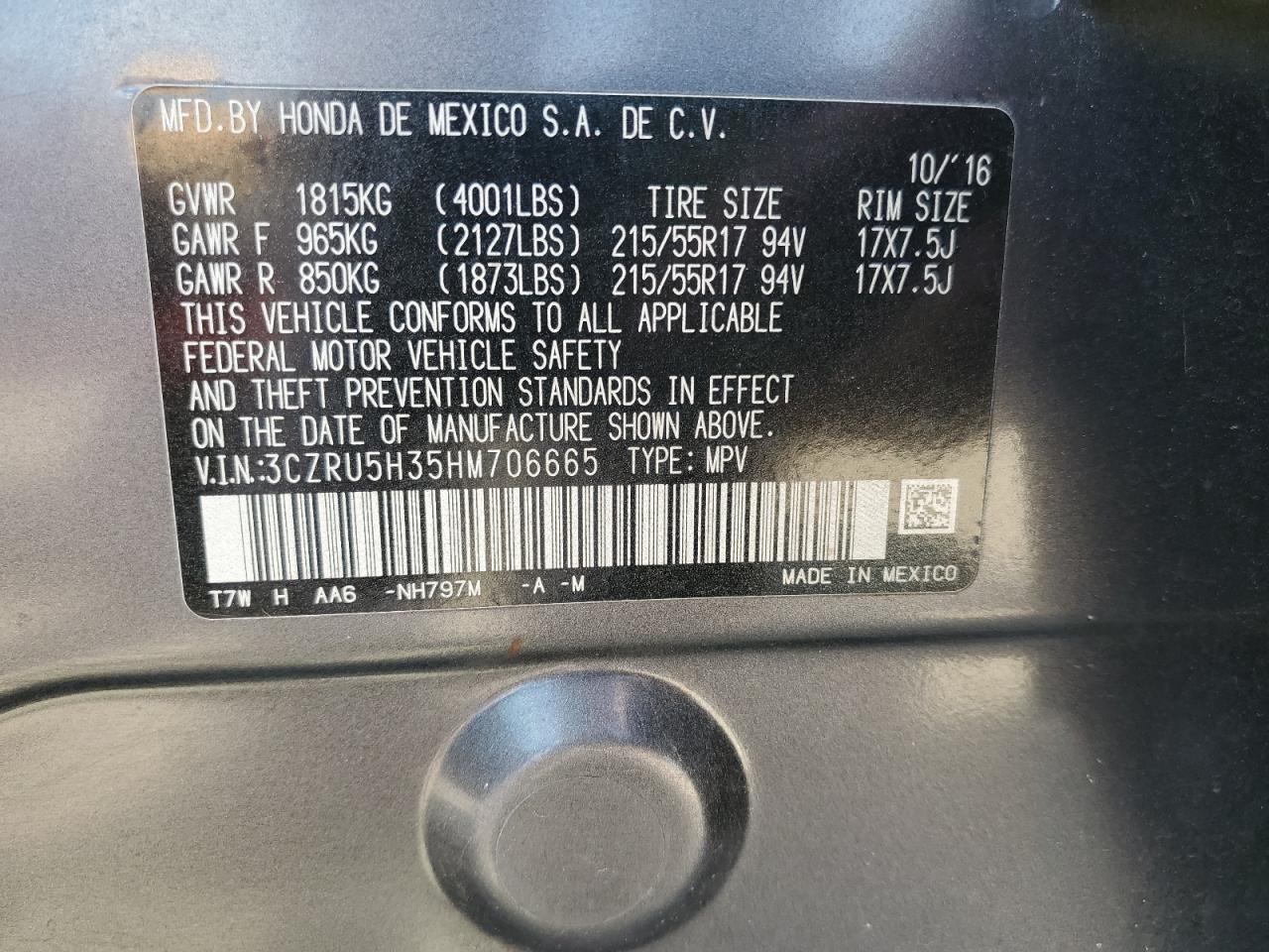 2017 Honda Hr-V Lx VIN: 3CZRU5H35HM706665 Lot: 71362255