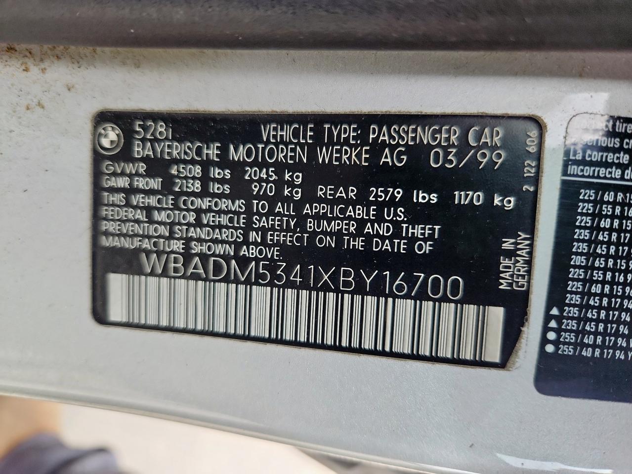 1999 BMW 528 I VIN: WBADM5341XBY16700 Lot: 71429755