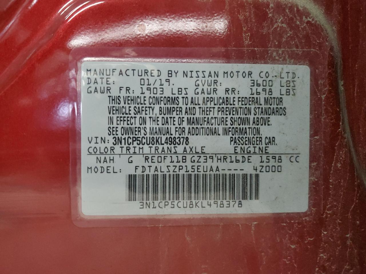 2019 Nissan Kicks S VIN: 3N1CP5CU8KL498378 Lot: 81688465