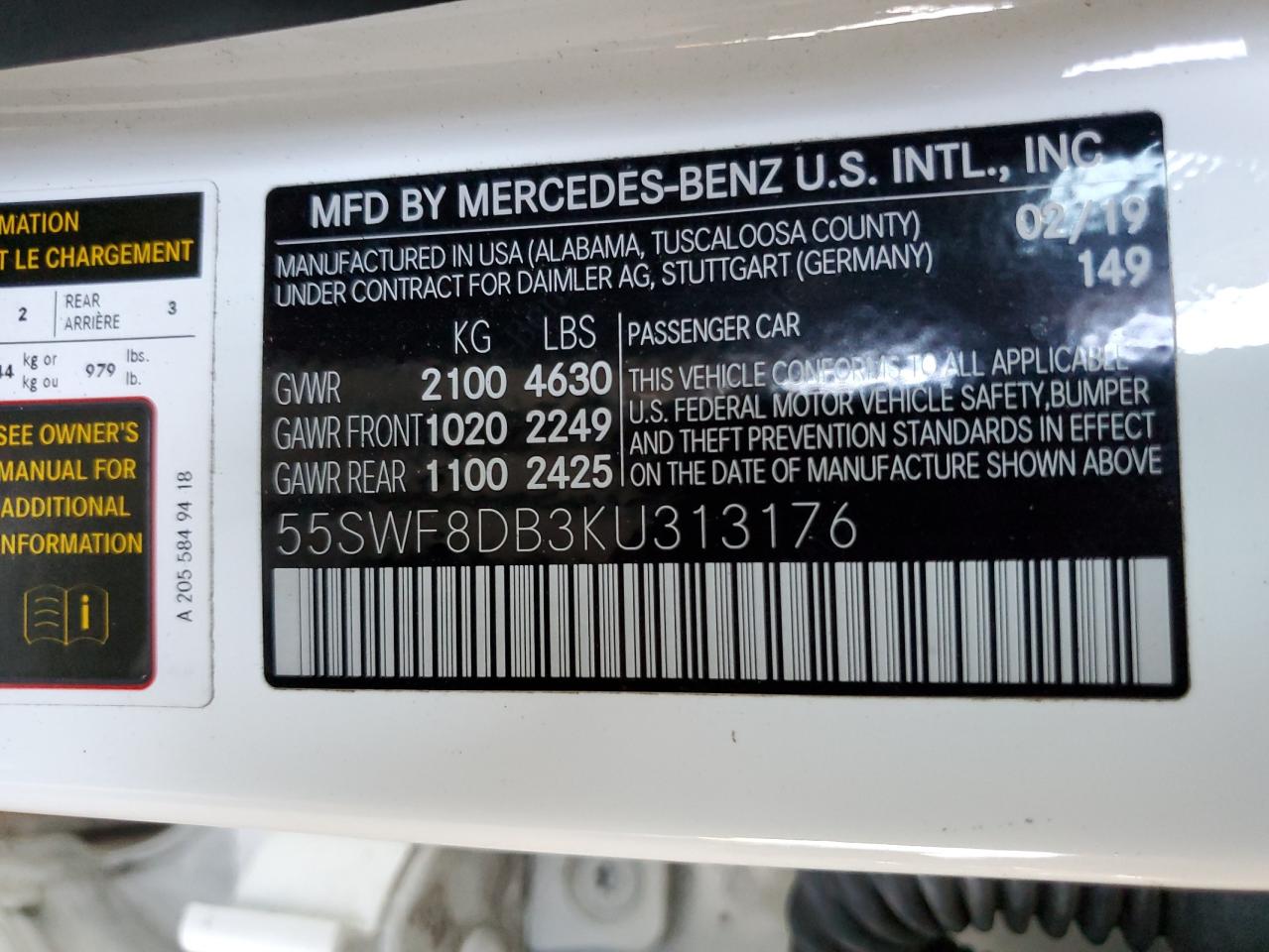 2019 Mercedes-Benz C 300 VIN: 55SWF8DB3KU313176 Lot: 84444375