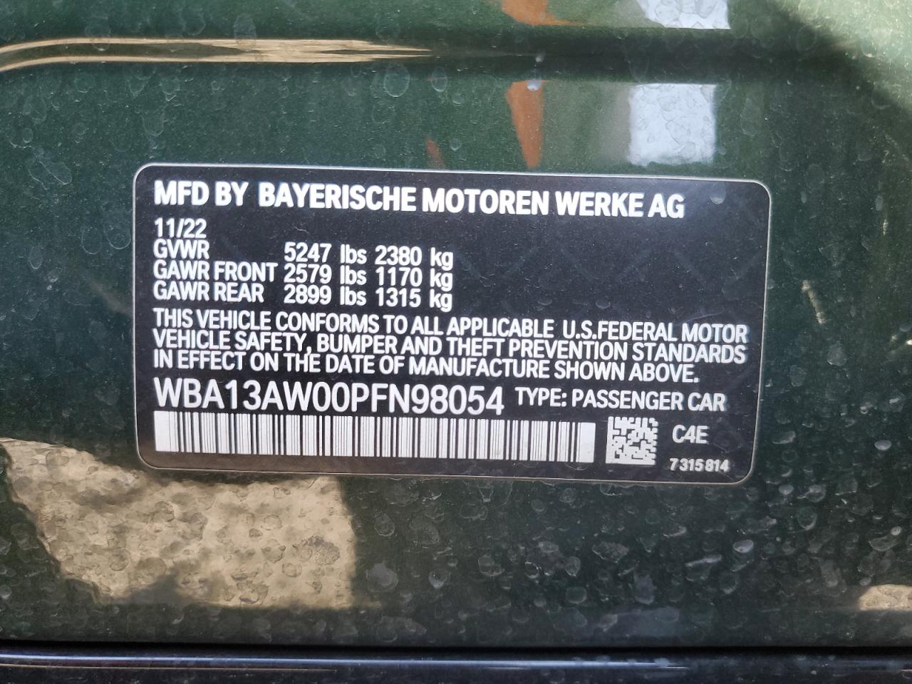 2023 BMW M440Xi Gran Coupe VIN: WBA13AW00PFN98054 Lot: 83996695