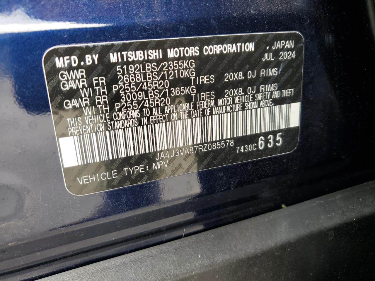 2024 Mitsubishi Outlander Se VIN: JA4J3VA87RZ085578 Lot: 80992625