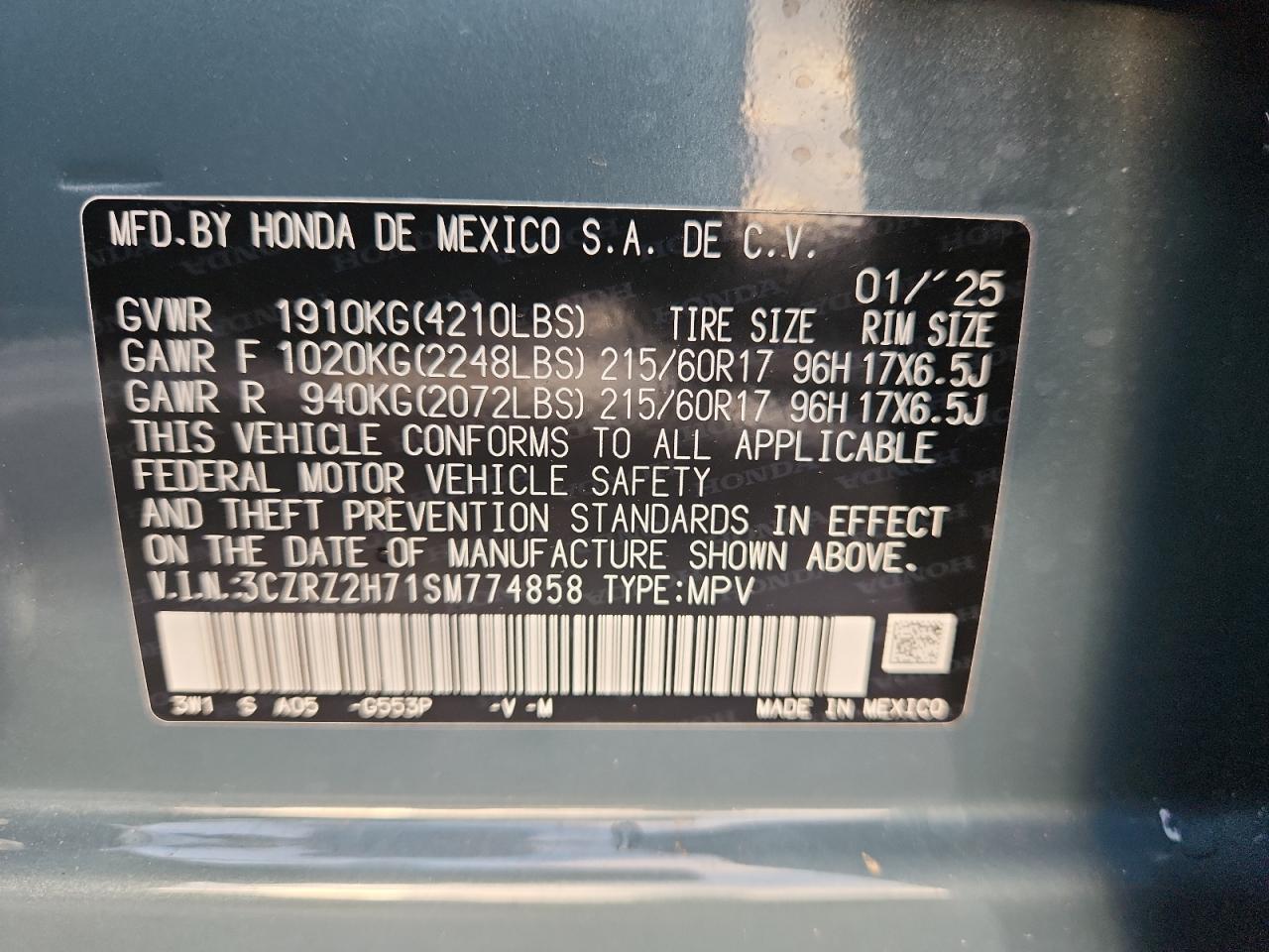 2025 Honda Hr-V Exl VIN: 3CZRZ2H71SM774858 Lot: 71682415