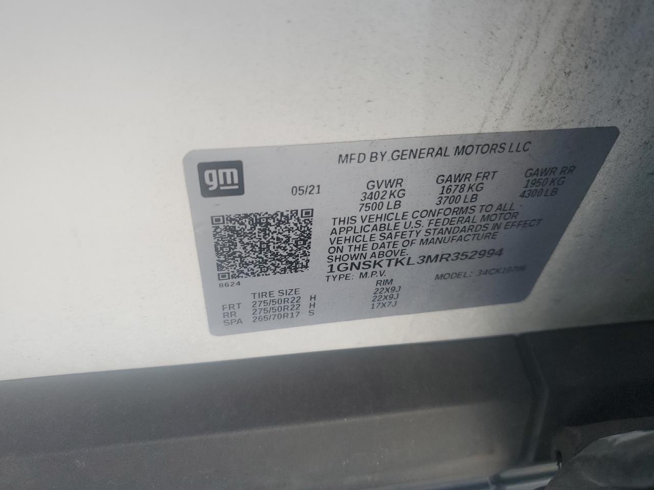 2021 Chevrolet Tahoe K1500 High Country VIN: 1GNSKTKL3MR352994 Lot: 71713365