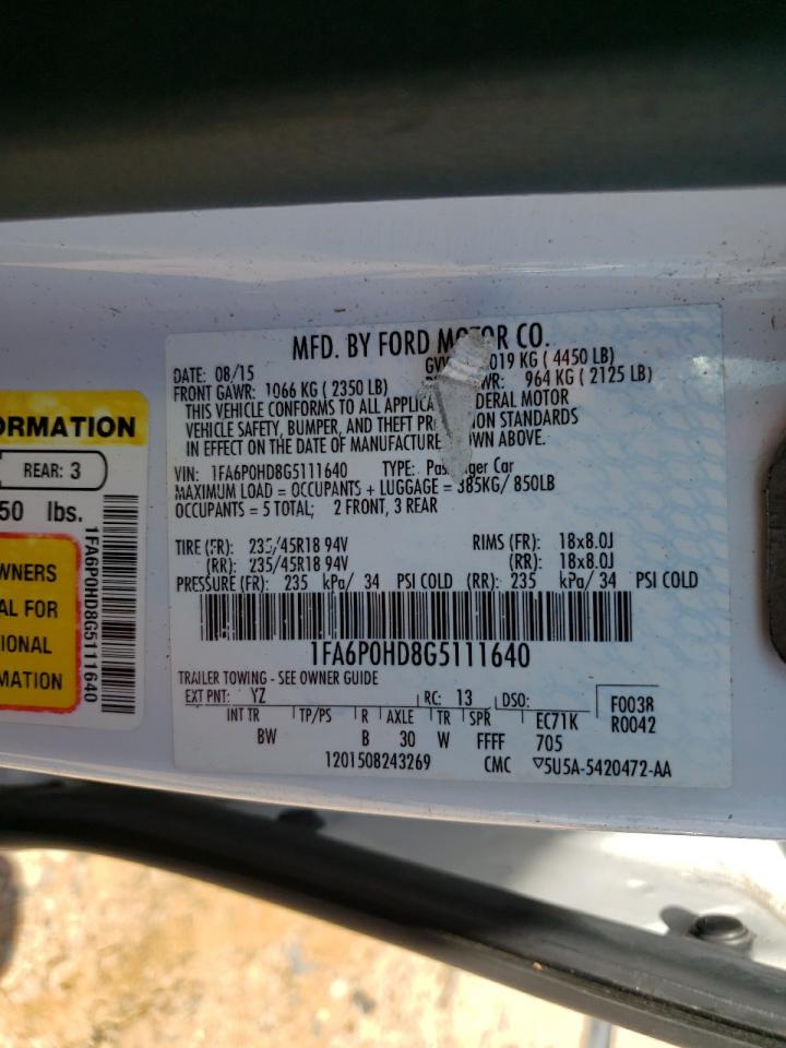 2016 Ford Fusion Se VIN: 1FA6P0HD8G5111640 Lot: 80135035