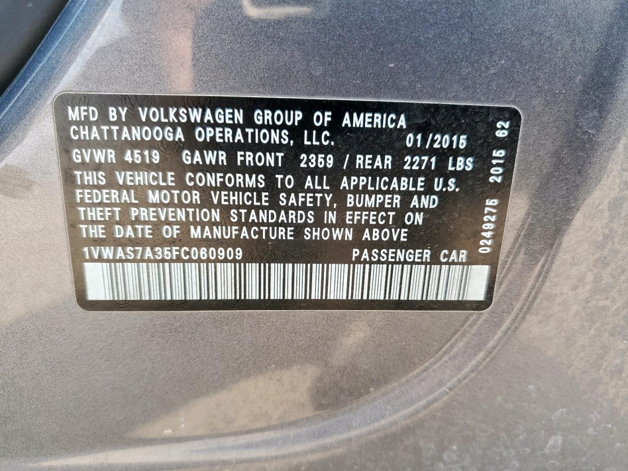 2015 Volkswagen Passat S VIN: 1VWAS7A35FC060909 Lot: 81452215