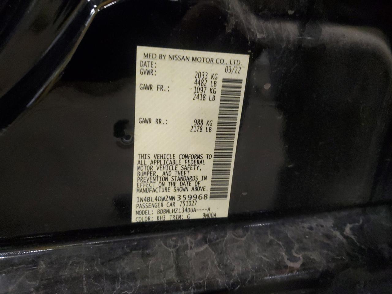 2022 Nissan Altima Sv VIN: 1N4BL4DW2NN359968 Lot: 84719655