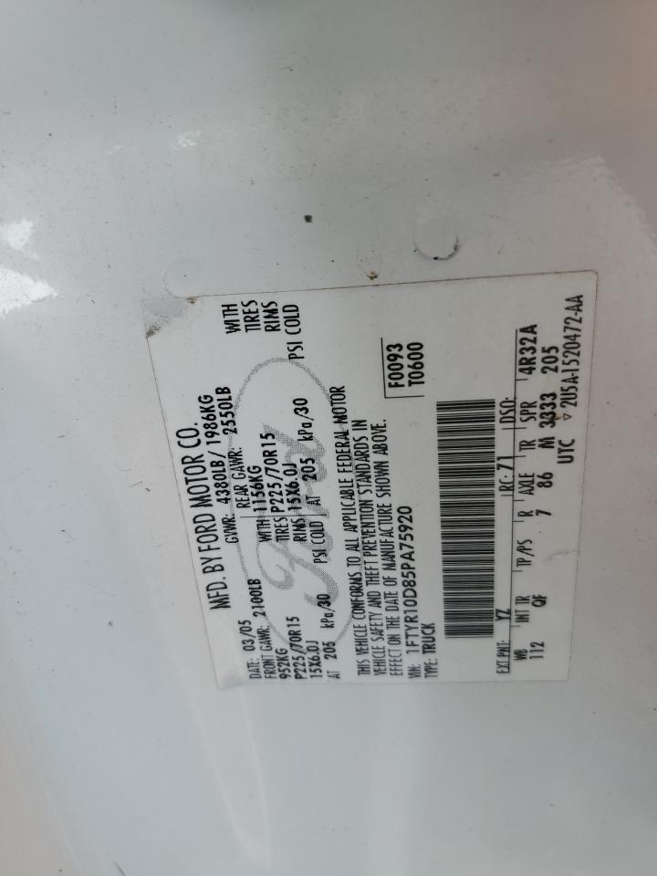 2005 Ford Ranger VIN: 1FTYR10D85PA75920 Lot: 80764855