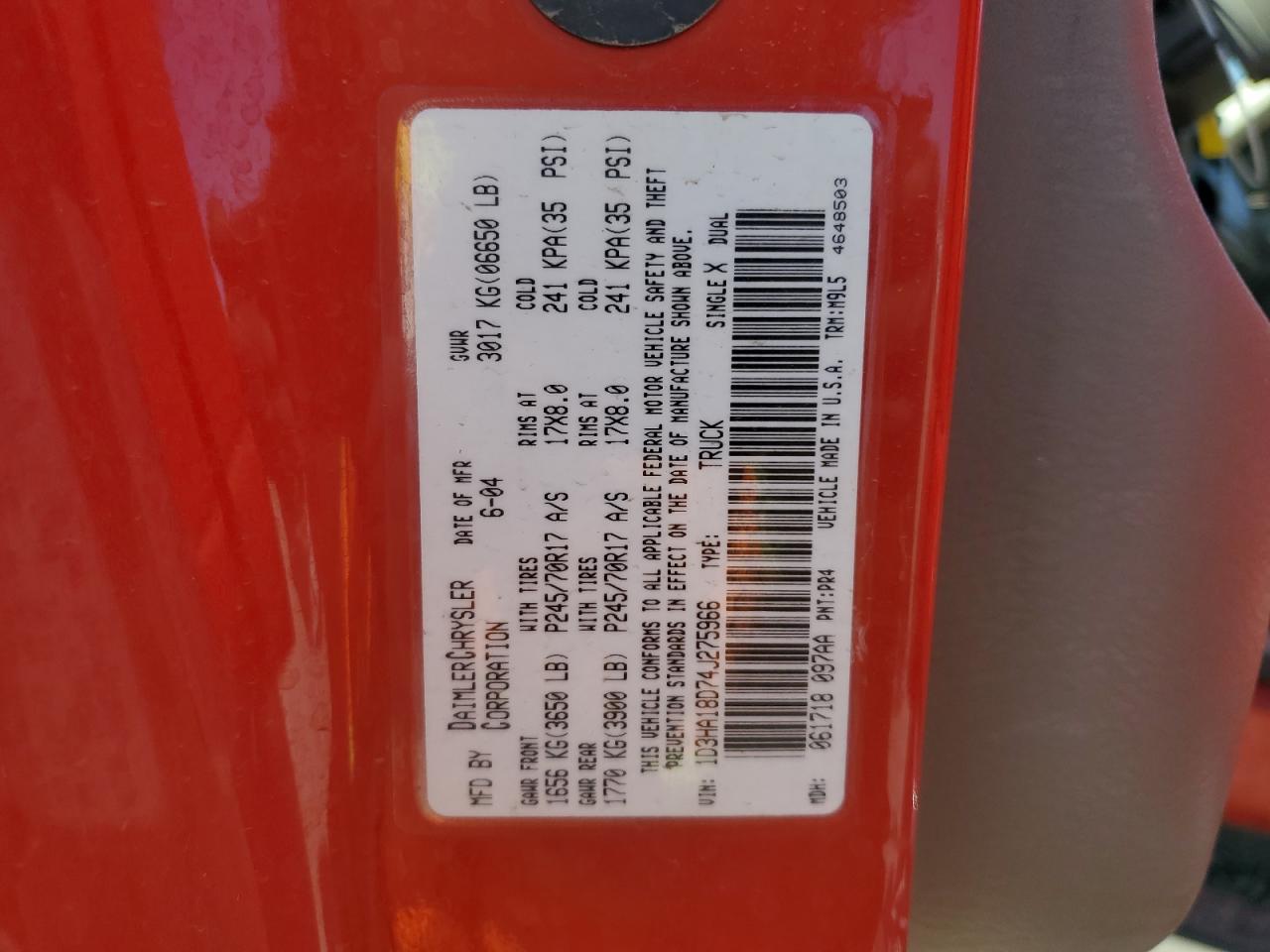 2004 Dodge Ram 1500 St VIN: 1D3HA18D74J275966 Lot: 82126775