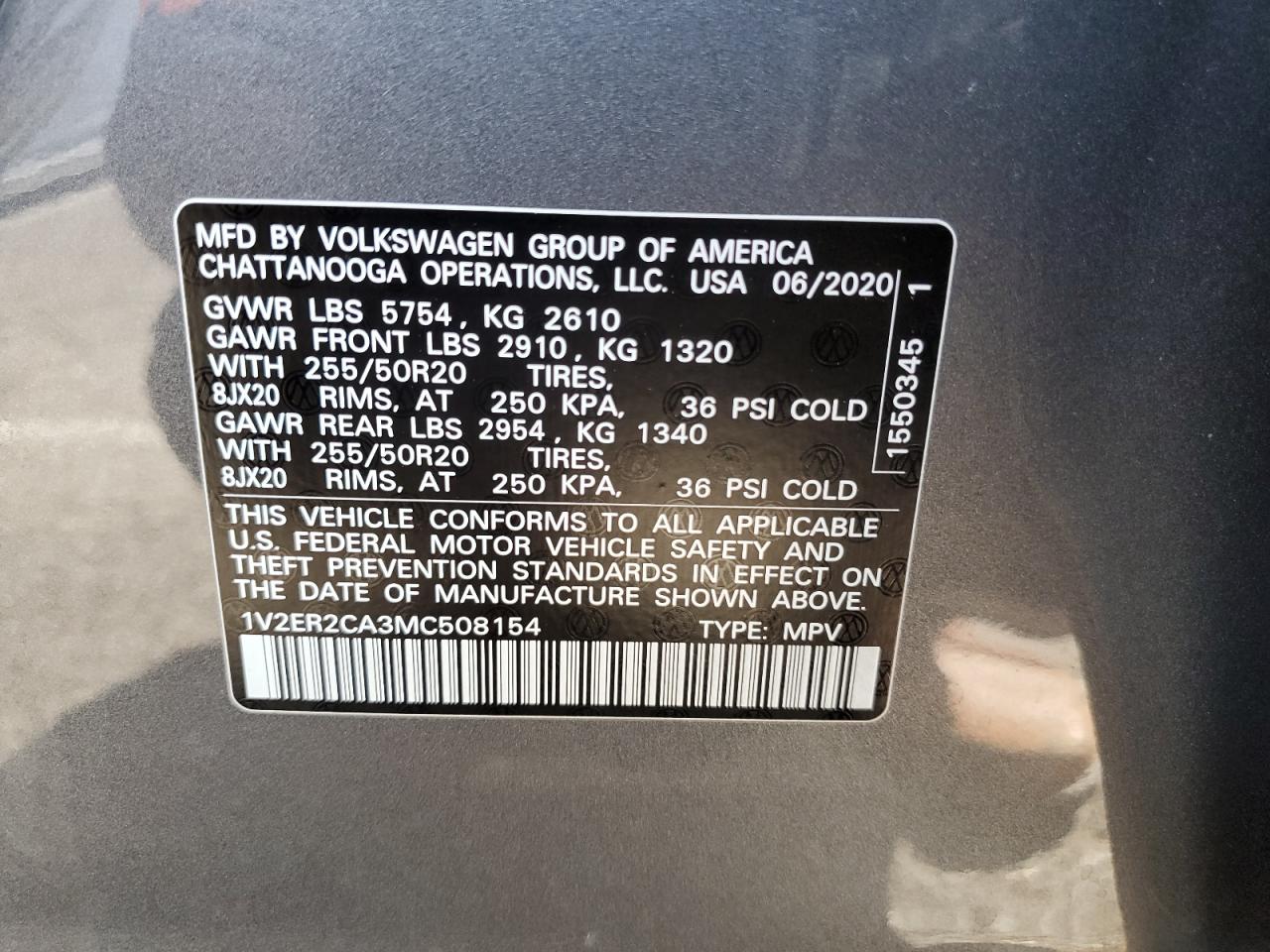 2021 Volkswagen Atlas Sel VIN: 1V2ER2CA3MC508154 Lot: 80734625