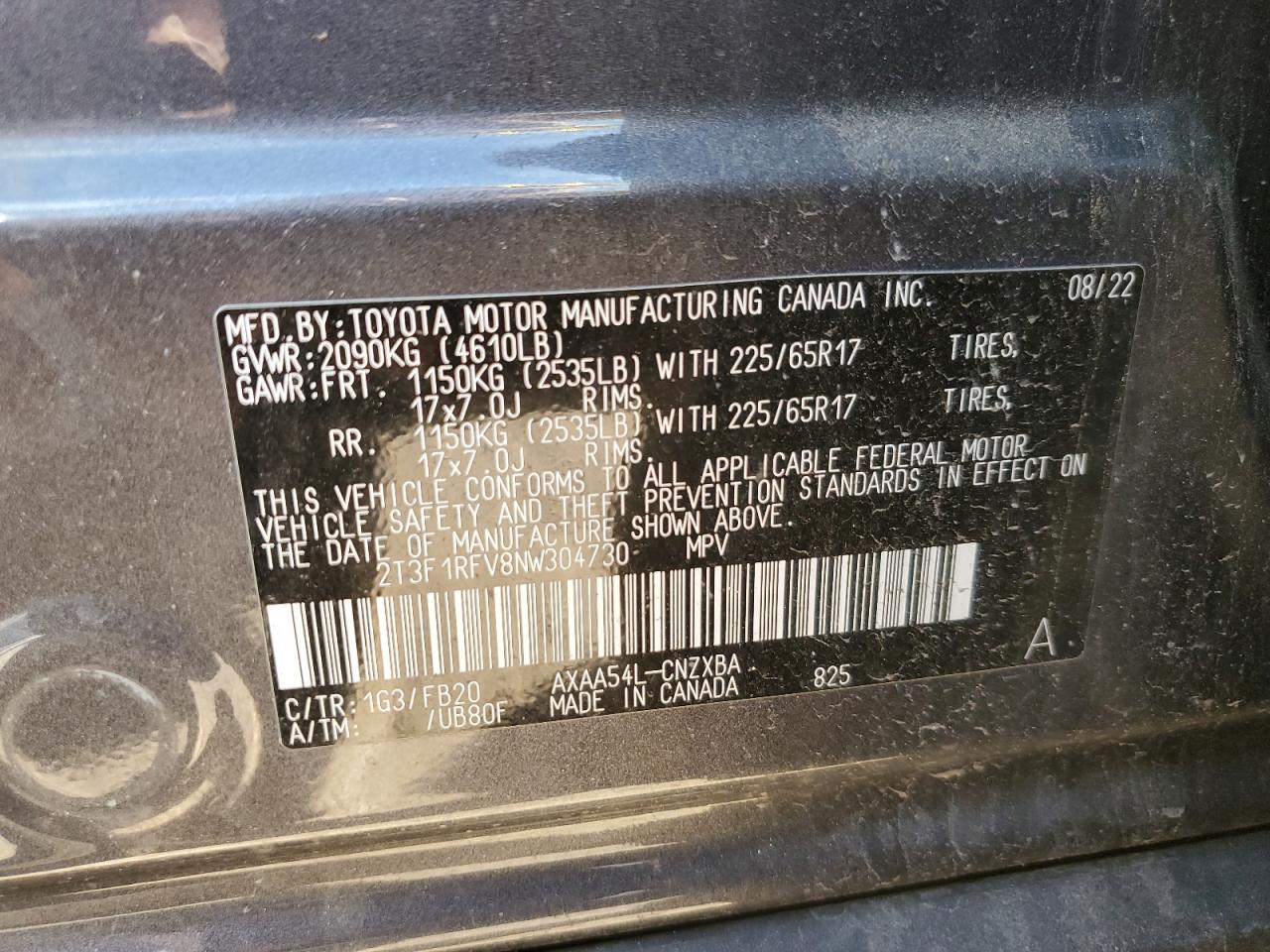 2022 Toyota Rav4 Le VIN: 2T3F1RFV8NW304730 Lot: 71556805