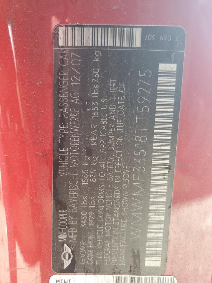 2008 Mini Cooper VIN: WMWMF33518TT59275 Lot: 81891725