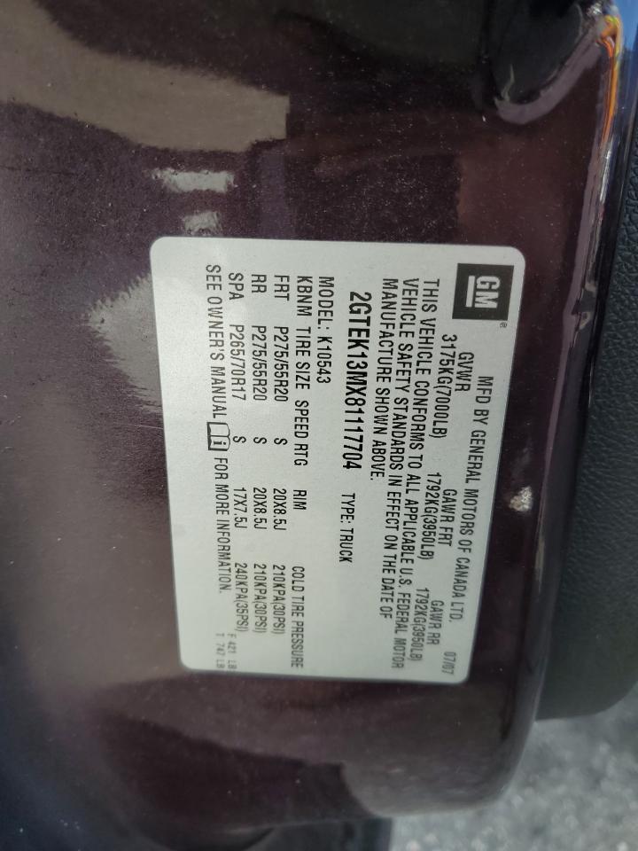 2008 GMC Sierra K1500 VIN: 2GTEK13MX81117704 Lot: 83786545