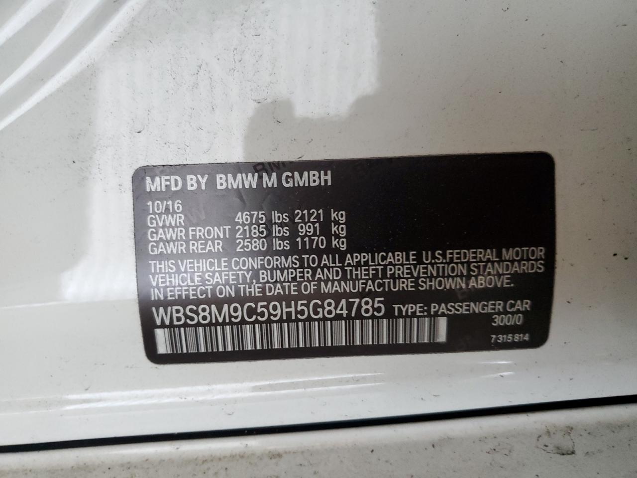 2017 BMW M3 VIN: WBS8M9C59H5G84785 Lot: 80548985