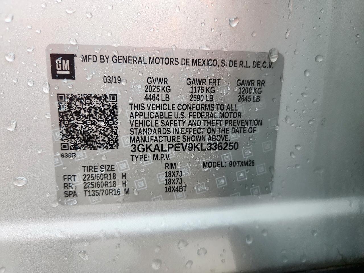 2019 GMC Terrain Slt VIN: 3GKALPEV9KL336250 Lot: 83759995