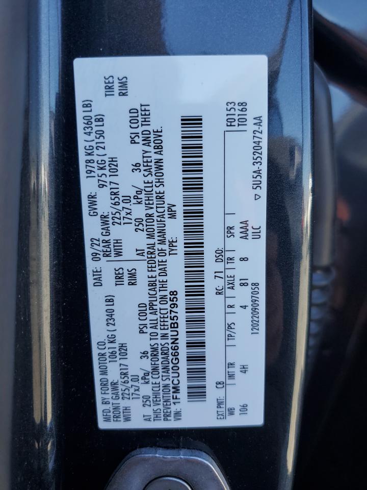 2022 Ford Escape Se VIN: 1FMCU0G66NUB57958 Lot: 81338775