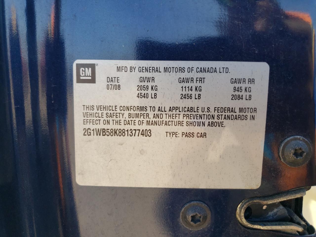 2008 Chevrolet Impala Ls VIN: 2G1WB58K881377403 Lot: 71912695